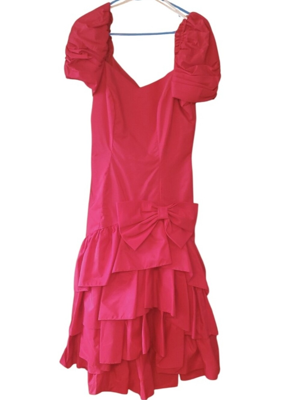 Vintage 80s Unionmade Red Tiered Ruffle Dress with Puff Sleeves, Drop Waist, Bow